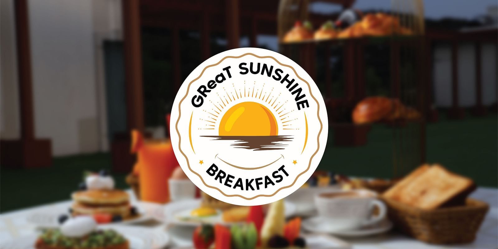 Logo of GReaT Sunshine Breakfast with a background of food placed on a table